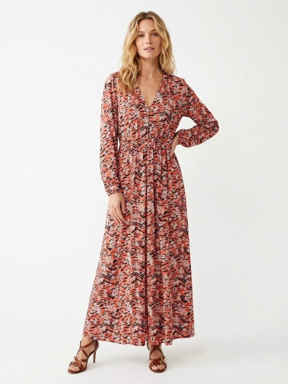 ASOS Floral Animal Print Maxi Dress Size 6 Long Sleeve Stretch Romantic Vacation